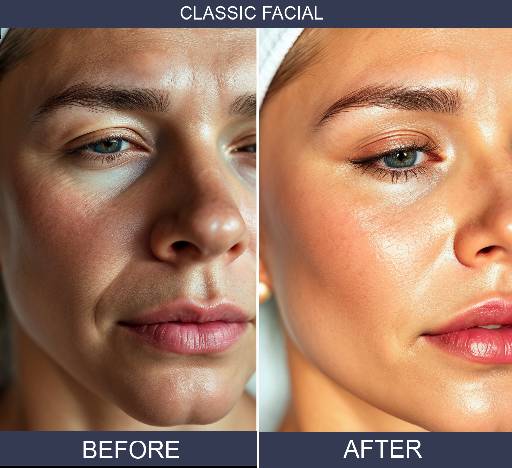 A woman displays her skin's enhancement before and after a classic facial, emphasizing a radiant glow.